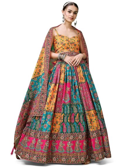 PURVAJA Women’s Silk Chinoon Semi-Stitched Lehenga Choli Printed Fabric Set (5-Prn-Lhn) by VintaVool