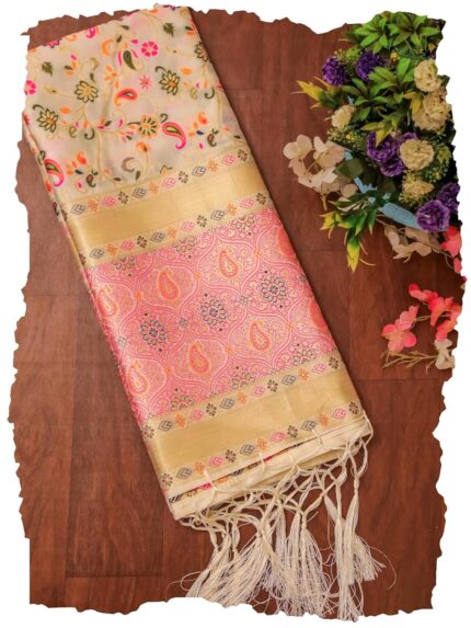 DEVANGI Women’s Woven Banarasi Kashmiri Silk Jacquard Dupatta/Chunni with Meena Work, Width 1 Meter, Length 2.5 Meter (OM-DT-21-MAIN-F) by VintaVool