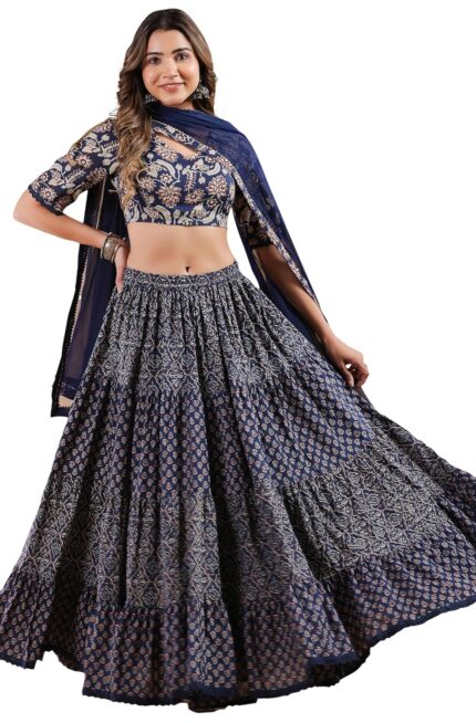 Janasya Women’s Dark Blue Pure Cotton Ethnic Motifs Printed Tiered Ready to Wear Lehenga Choli Set by VintaVool
