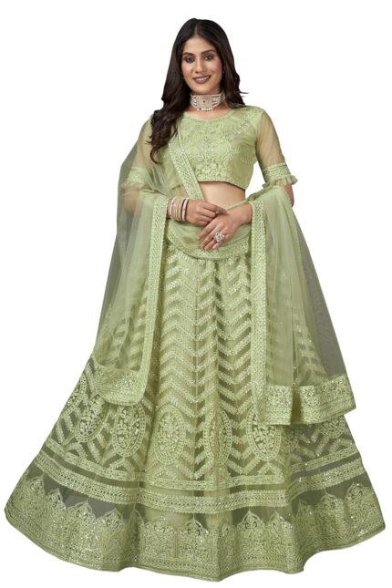 Varni Fabrics Women’s Semi-stitched Net Heavy Multi Embroidered Lehenga Choli With Dupatta by VintaVool