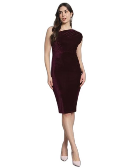 Vaararo Bodycon Party Dress for Women One Shoulder | Shiny Velvet Back Slit Stylish Outfit by VintaVool