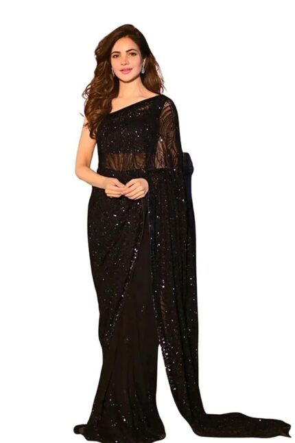 Shiv Textiles Women’s Georgette Sequined Saree with Banglory Silk Blouse, Black – Sarees For Women by VintaVool