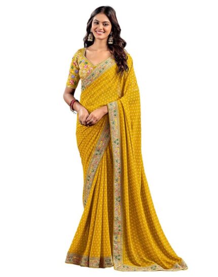 SIRIL Women’s Georgette Bandhani Printed & Embroidery Lace Saree With Unstitched Blouse Piece by VintaVool