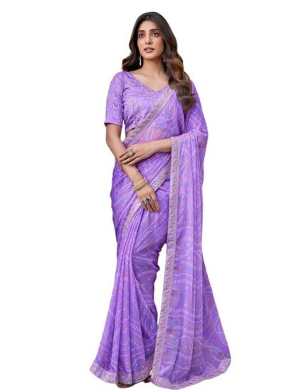 SIRIL Women’s Bandhani Printed Embroidery Lace Georgette Saree with Unstitched Blouse Piece by VintaVool