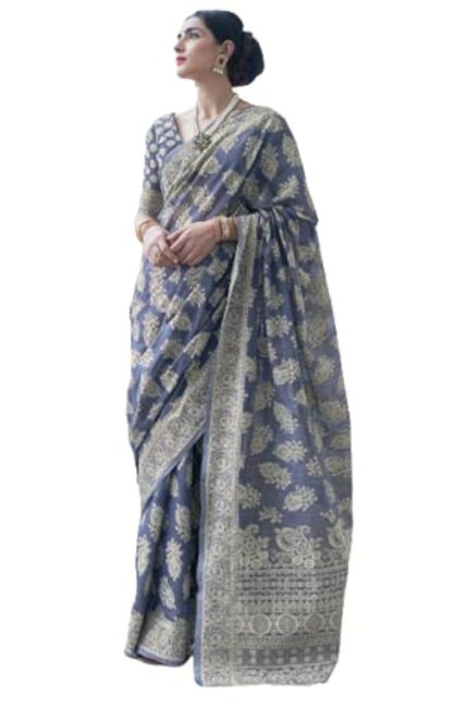 SWORNOF Women’s Lucknowi Chikankari Linen cotton Woven Sarees For Women with Blouse sarees for Women by VintaVool