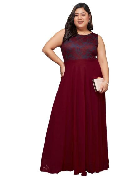 Miss Chase A+ Women’s Round Neck Sleeveless Georgette & Lace Floral Fit & Flare Maxi Dress by VintaVool