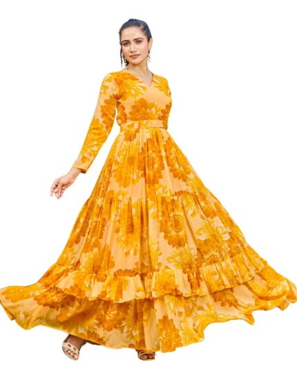 ODD BY chansi TRENDZ Women’s Flared Gown Georgette V-Neck All Over Print Maxi Length by VintaVool