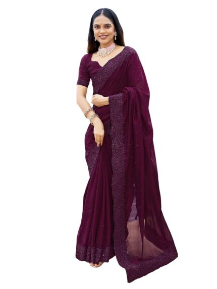 SIRIL Women’s Embroidery Stone Work Vichitra Silk Saree with Unstitched Blouse Piece by VintaVool