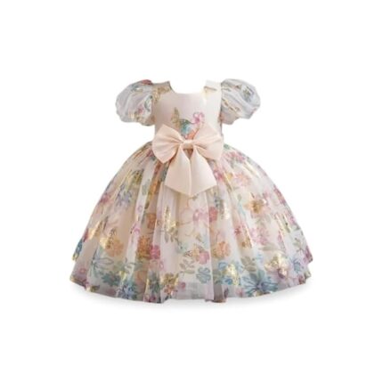 Niren Enterprise Baby Girls Fit And Flare Knee Length Gold Foil Butterfly Puff Sleeve Bowknot Princess Gown Dress for Special Occasions by VintaVool