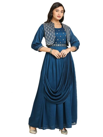 madhuram Women’s Long Gown for Solid Silk with Heavy Embroidery and Hand Work Belt and Jacket with Round Neck Gown(M-2424) by VintaVool