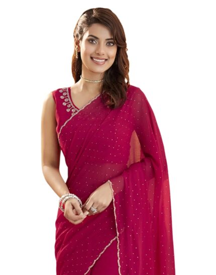 SIRIL Women’s Georgette Hot Fixing Stone Work Saree With Unstitched Blouse Piece by VintaVool