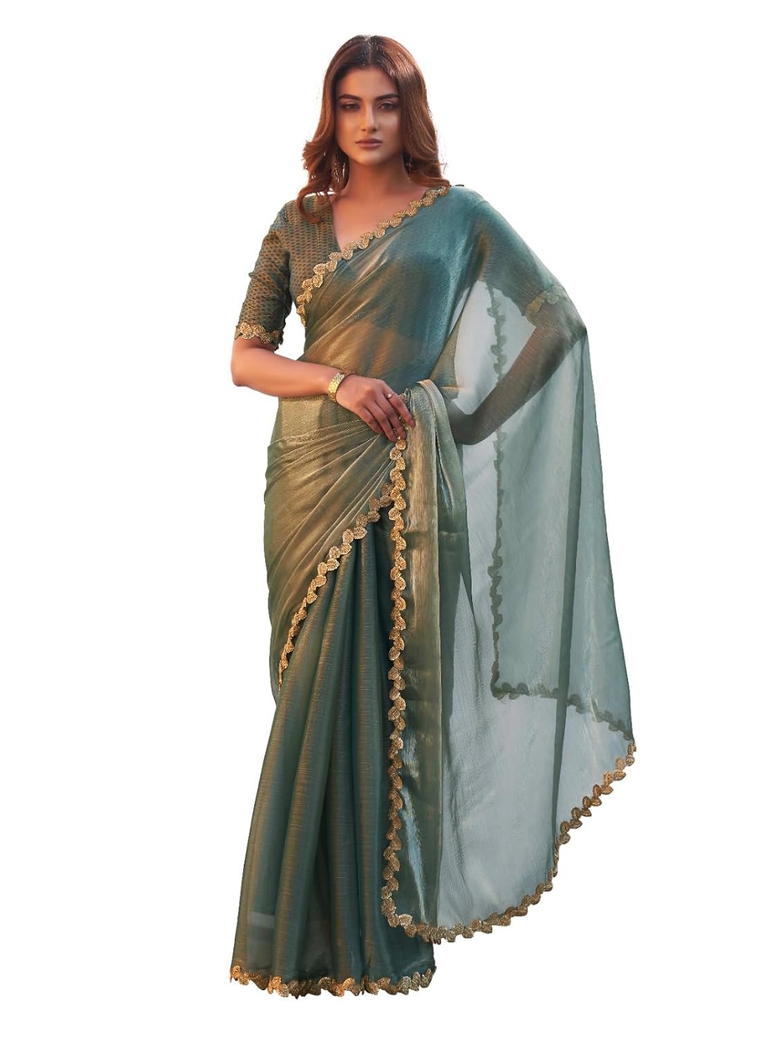 Womanista Women’s Two toned jimmy choo saree with brocade blouse and embroidered lace(TI6867_olive green_Onesize) by VintaVool Womanista Women’s Two toned jimmy choo saree with brocade blouse and embroidered lace(TI6867_olive green_Onesize) by VintaVool