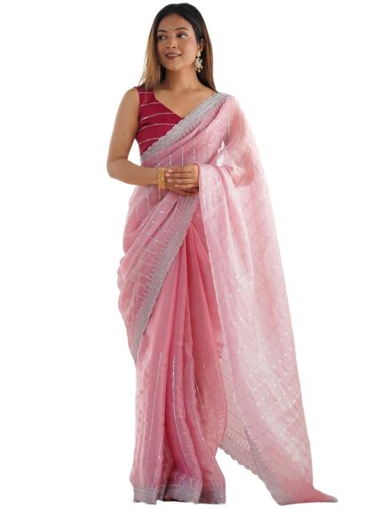 Satrani Women’s Shimmer Chiffon Embroidery And Sequin Work Saree with Unstitched Blouse Piece by VintaVool