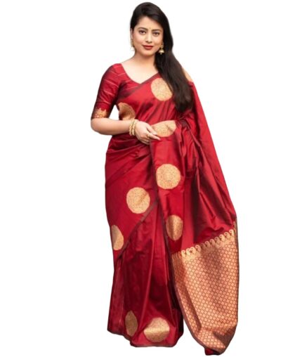 Yashika Women’s Banarasi Kanjivaram Cotton Silk Woven Saree with Unstitched Blouse Material by VintaVool