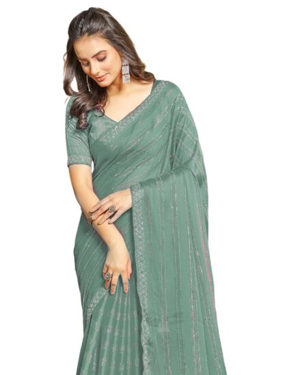 SIRIL Women’s Chiffon Hot Fixing Stone Work Saree With Unstitched Blouse Piece by VintaVool