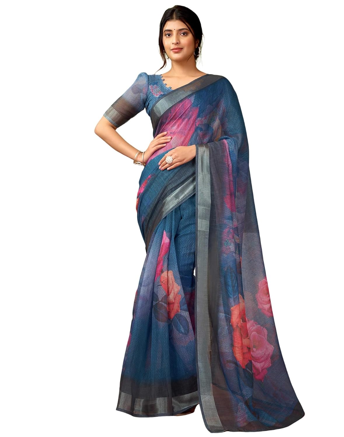 SIRIL Women’s Cotton Linen Printed Readymade Saree 1 Minute Ready to Wear Saree With Unstitched Blouse Piece by VintaVool SIRIL Women’s Cotton Linen Printed Readymade Saree 1 Minute Ready to Wear Saree With Unstitched Blouse Piece by VintaVool