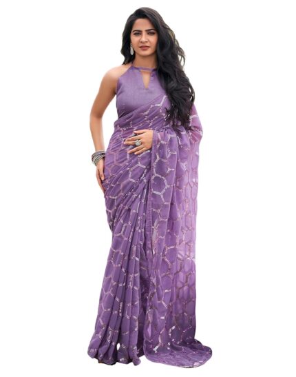 SIRIL Women’s Piping & Sequence Embroidery Georgette Saree with Unstitched Blouse Piece by VintaVool