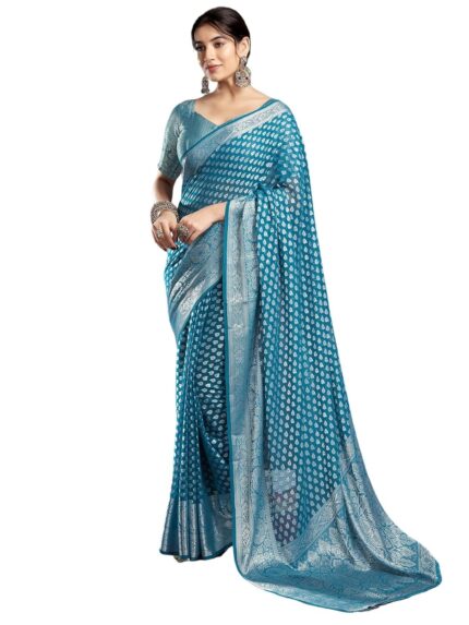 Satrani Women’s Georgette Banarasi Jacquard Saree with Unstitched Blouse Piece by VintaVool
