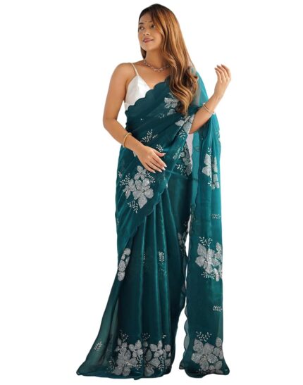 SIRIL Women’s Shimmer Chiffon Sequence Embroidery Saree With Unstitched Blouse Piece by VintaVool