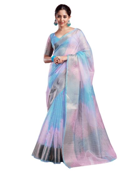 SIRIL Women’s Organza Jacquard Stripe Saree With Unstitched Blouse Piece by VintaVool