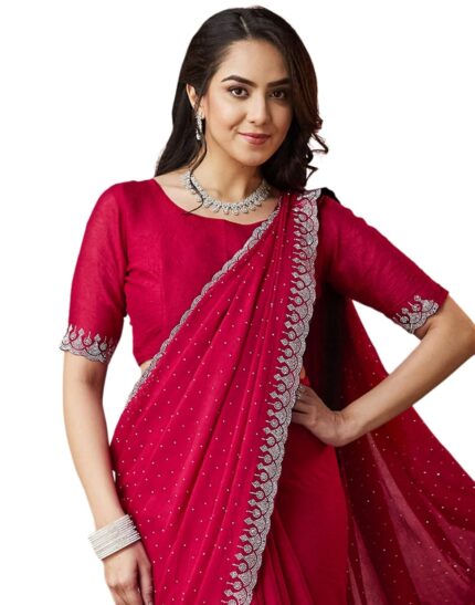 SIRIL Women’s Georgette Hot Fixing Stone Work Saree With Unstitched Blouse Piece by VintaVool