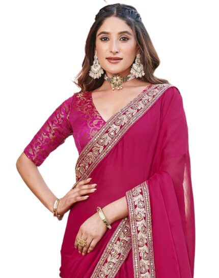 SIRIL Women’s Chiffon Sequence Embroidery Lace Saree with Unstitched Blouse Piece by VintaVool