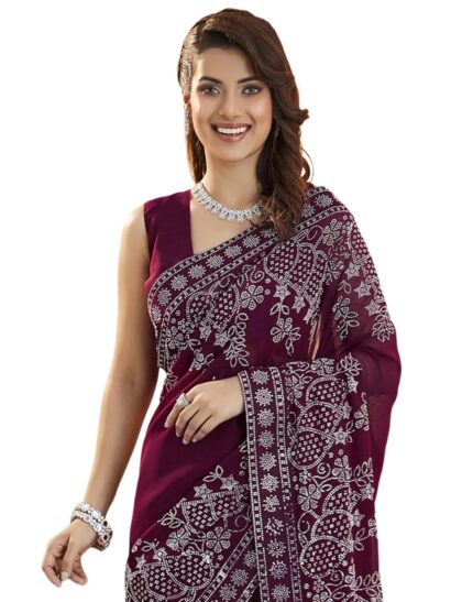 SIRIL Women’s Georgette Stone Work Saree With Unstitched Blouse Piece by VintaVool