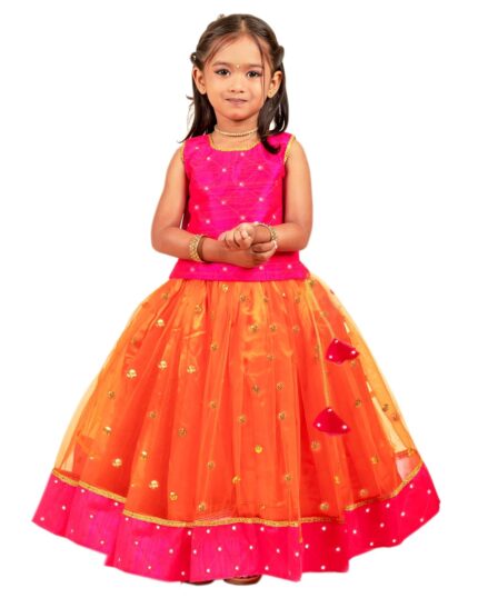 Stanwells Kids Girls Orange & Magenta Mirror Work Flared Net Sleeveless Lehenga Choli Set Pattupavadai for Girls by VintaVool