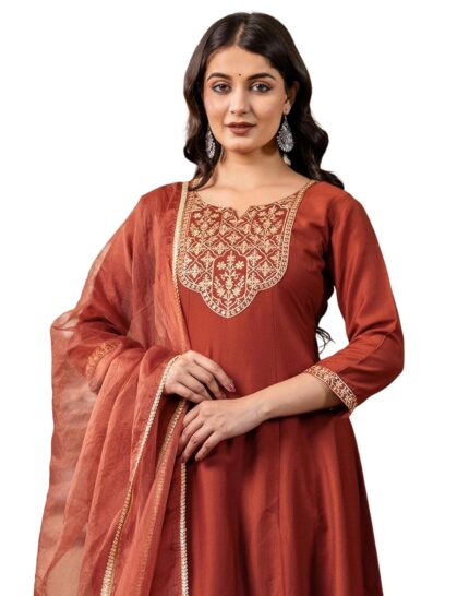SKYLEE Women’s Silk Blend Weaving and Embroidery Lace Straight Kurta with Pant & Dupatta by VintaVool