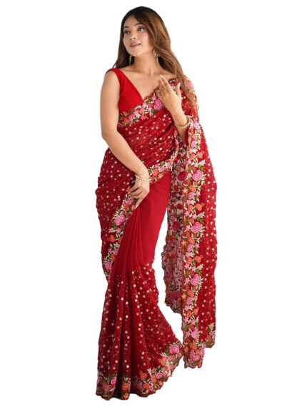 AKHILAM Women’s Multicolor Georgette Embroidered Saree With Unstitched Blouse (KESARI2701_KR12_Parent) by VintaVool