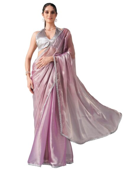 Womanista Polyester Women’s Jimmychoo Solid Pink Saree Embellished Lace With Un-Stitched Blouse by VintaVool