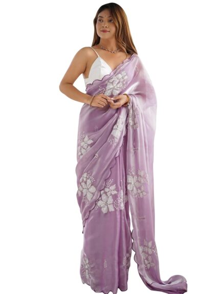 AKHILAM Women’s Shimmer Organza Sequence Embroidery Saree With Unstitched Blouse Piece by VintaVool