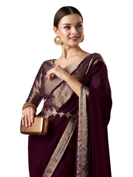 AKHILAM Women’s Woven Design Solid Georgette Kanjeevaram Saree With Unstiched Blouse Piece by VintaVool