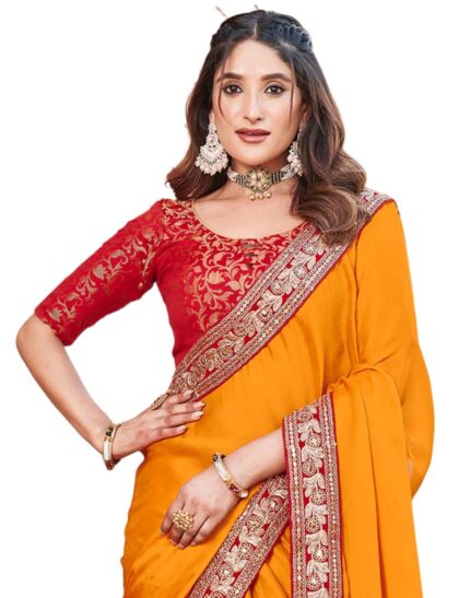 SIRIL Women’s Chiffon Sequence Embroidery Lace Saree with Unstitched Blouse Piece by VintaVool