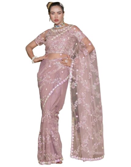 SIRIL Women’s Net Sequence Embroidery Work Saree With Unstitched Blouse Piece by VintaVool