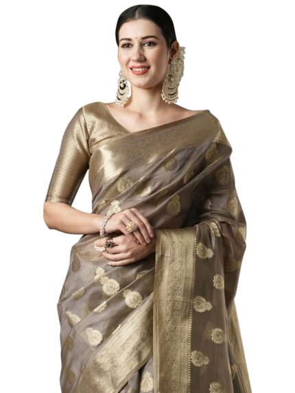 AKHILAM Women’s Organza Ethnic Motif Woven Design Saree With Unstitched Blouse Piece(UNATI3001_AC_Parent) by VintaVool