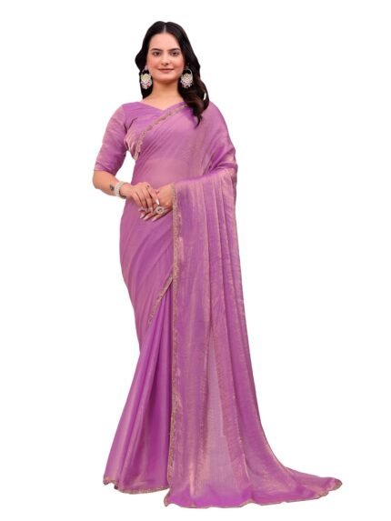 Kaugalian store Women’s Shimmer Chiffon soft silk two tone saree with Lace Boarder Shiny Stone and Diamond Work Saree With Unstitched Blouse Piece… by VintaVool