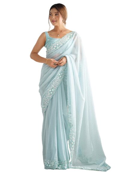 AKHILAM Women’s Georgette Embellished Saree With Unstitched Blouse by VintaVool