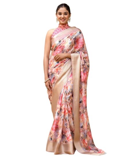 SIRIL Women’s Silk Printed Ready to Wear Saree With Unstitched Blouse Piece by VintaVool