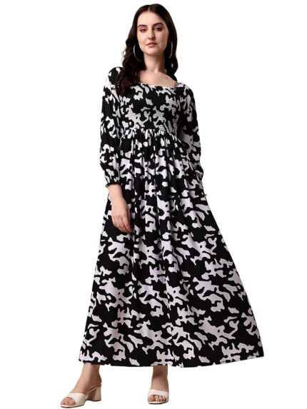 Sheetal Associates Women’s Floral Printed Crepe Dress with Full Lenth Full Sleeve Floral Pattern and Fit & Flare Style | Beach Tipe Dress by VintaVool