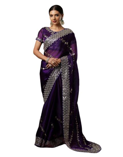 SIRIL Women’s Tissue Silk Sequence Embroidery Scalloped Border Saree With Unstitched Blouse Piece by VintaVool