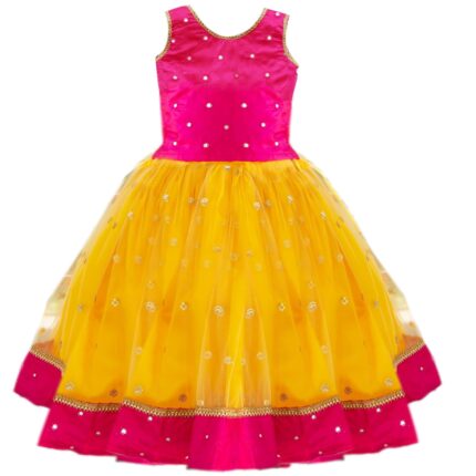 Stanwells Kids Girls Orange & Magenta Mirror Work Flared Net Sleeveless Lehenga Choli Set Pattupavadai for Girls by VintaVool