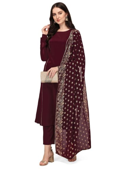 FIORRA Women’s Maroon Poly Crepe A-Line Kurta Set With Dupatta by VintaVool