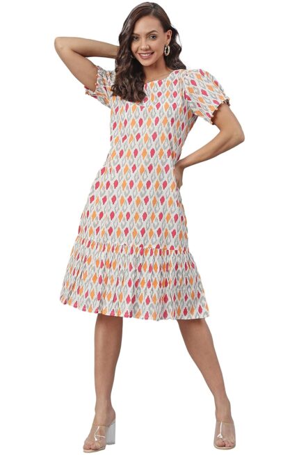 Janasya Women’s Cotton Printed A-Line Western Knee-Length Dress by VintaVool