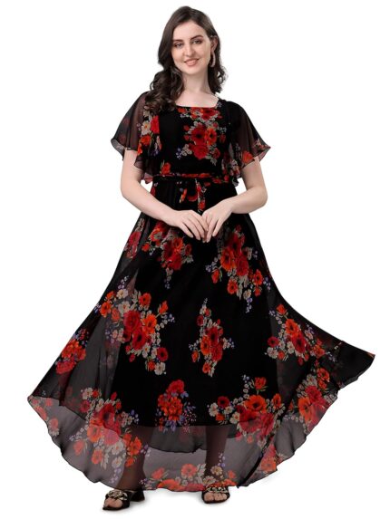 Fashion2wear Women’s Georgette Floral Digital Print Short Sleeve Full-Length Fit & Flare Long Gown Dress for Girls (LN-X9TQ-MN1D) by VintaVool