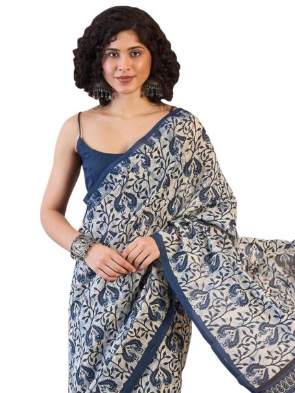 AKHILAM Women’s Green Bhagalpuri Silk Geometric Printed Ready To Wear one Minute Saree With Unstitched Blouse by VintaVool