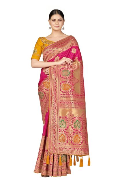Monjolika Fashion Women’s Banarasi Silk Blend Woven Work Tussles Saree With Unsttiched Blouse Piece (Monjolika 45560_color) by VintaVool