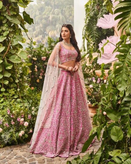 Qutenza Women’s Sequence With Thread And Jari Embroidery Work Georgette Ethnic wear Semi-stitched Lehenga Choli With Dupatta (S_A_E_875922_Pink_Free Size) by VintaVool
