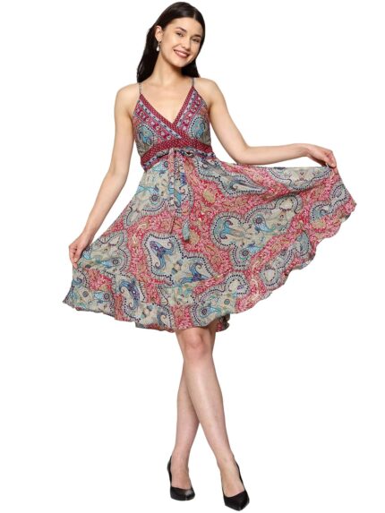 Kanha exports Women and Ladies, Girl,Boho Designer Dress for Women, Silk Short Dress, Boho Dress, Pattern with Tie Belt, Beach wear by VintaVool
