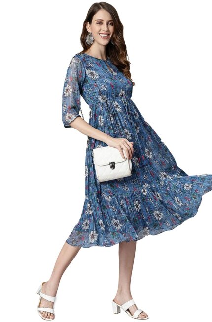 Janasya Women’s Fit and Flare Midi Poly Georgette Floral Flared Western Dress by VintaVool